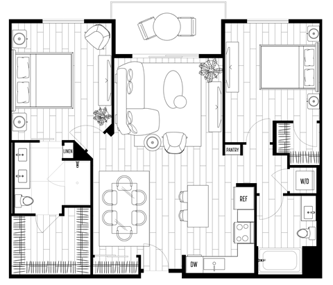 Floor plan for 2 beds, 2 baths, 1150 sqft